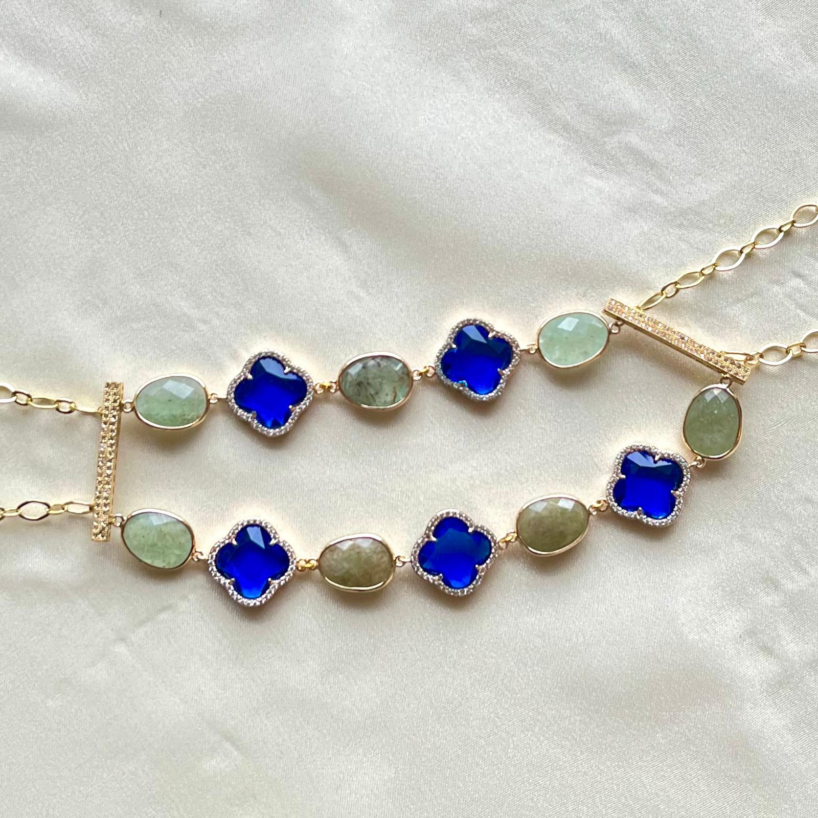 Jewel Treatzz Bling on Gold Plated Clover Flower + Green Aventurine Quartz Layered Necklace