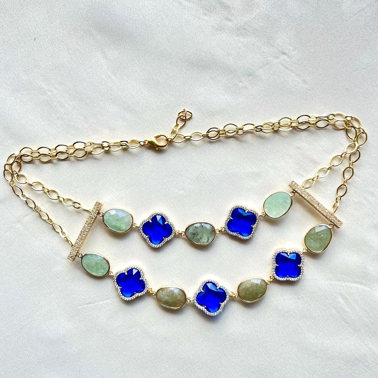 Jewel Treatzz Bling on Gold Plated Clover Flower + Green Aventurine Quartz Layered Necklace