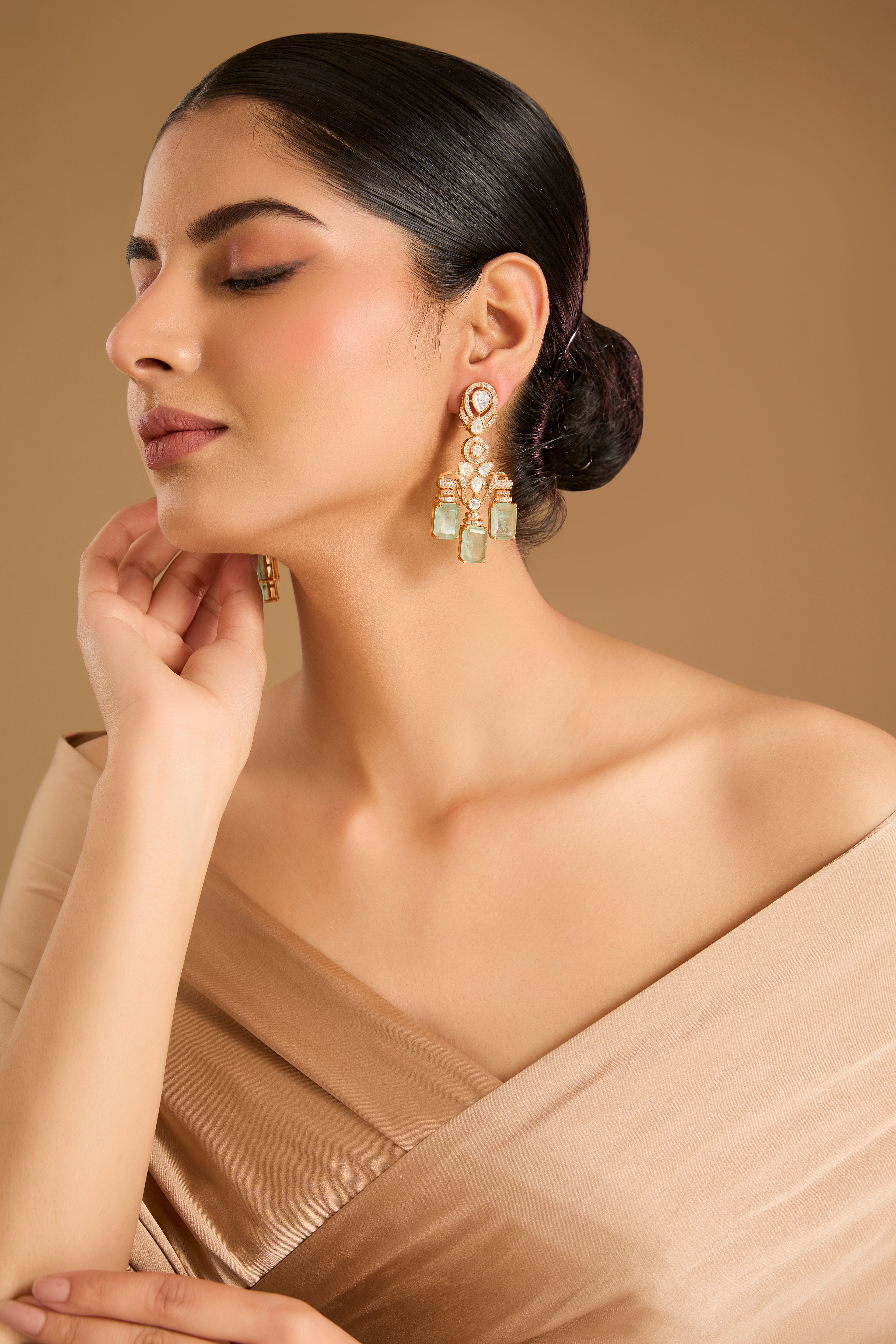 Emerald Aura Moissanite Danglers with Green Aventurines