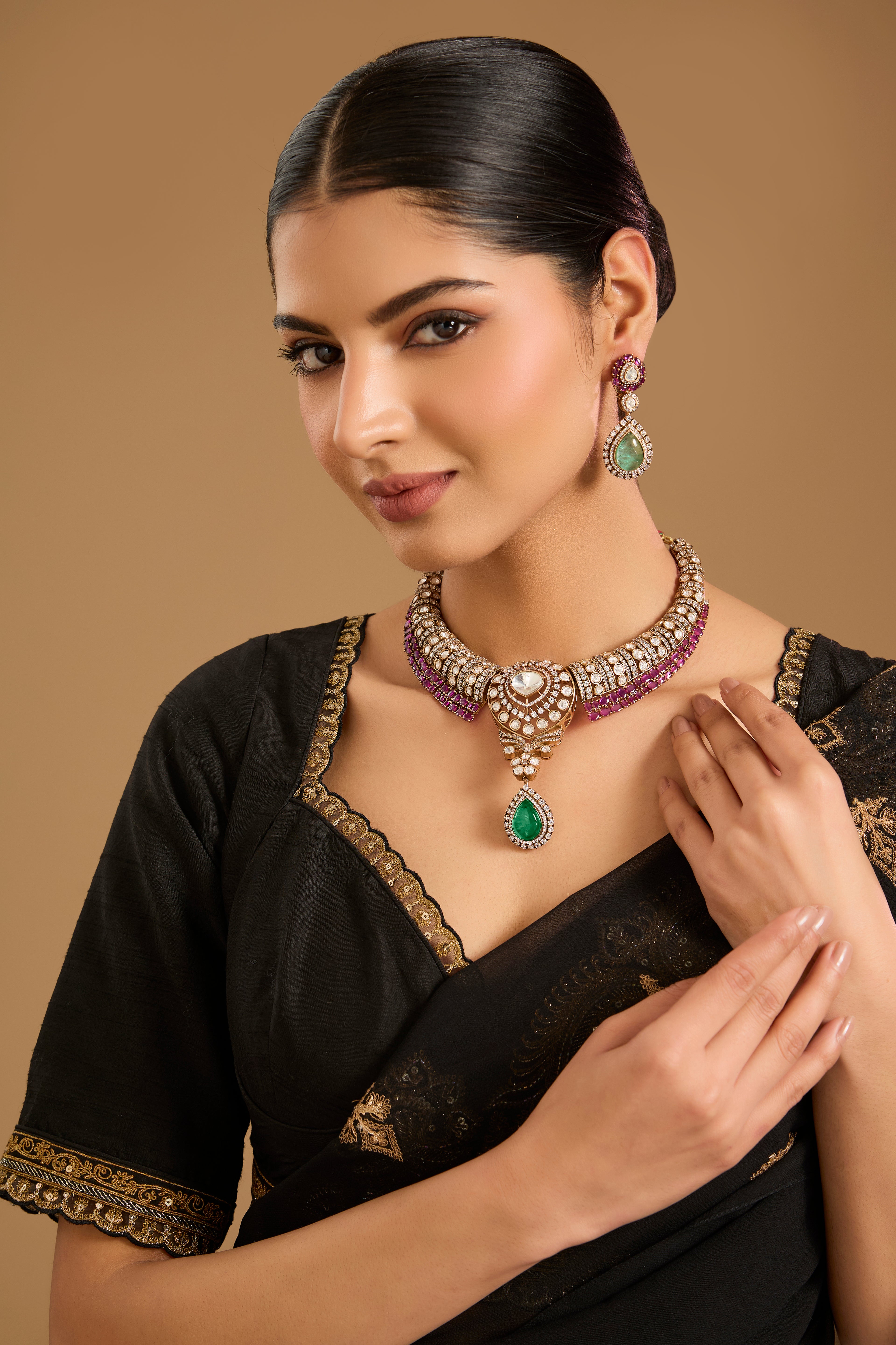 Mosanite Emerald Ruby Polki Choker Necklace Set