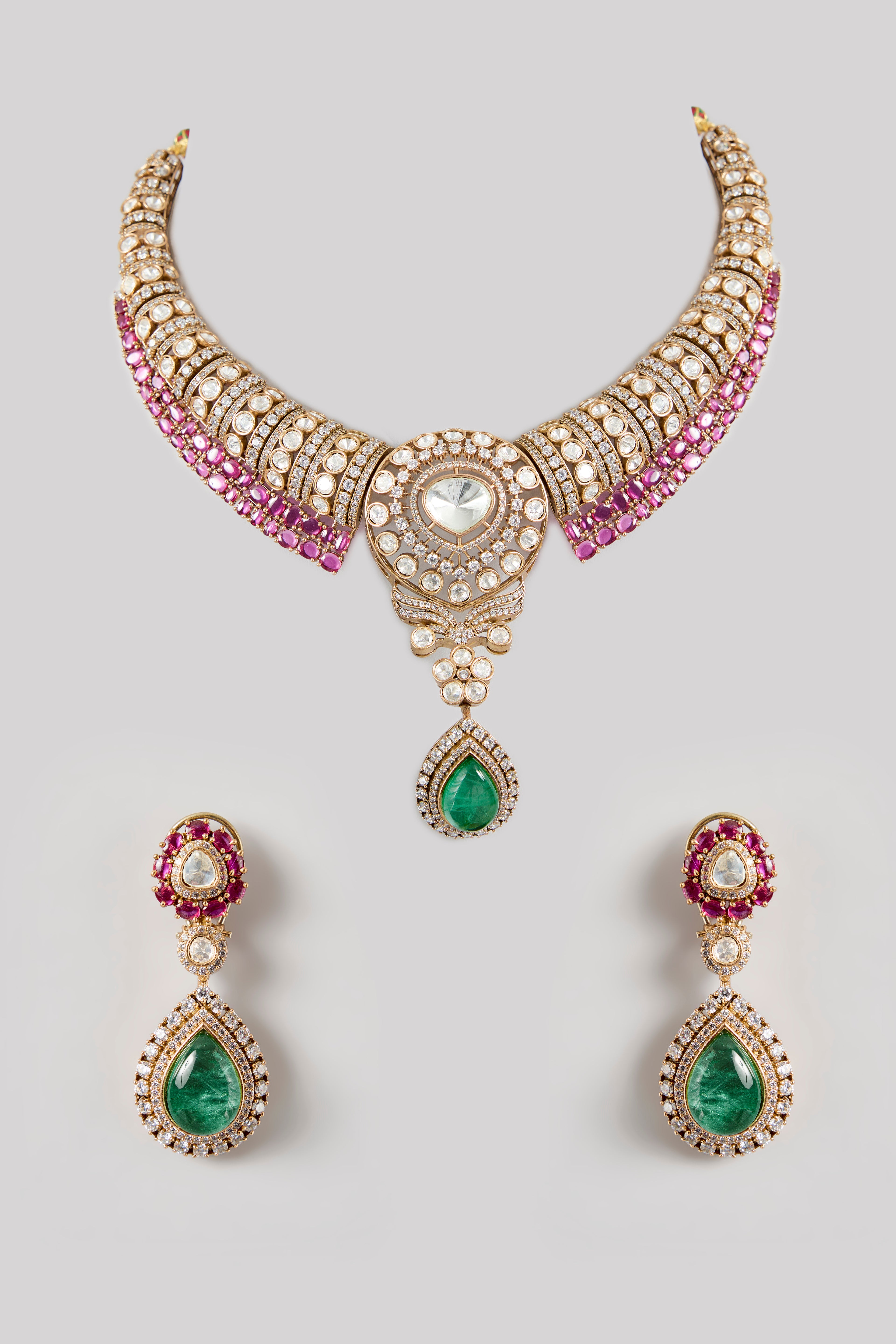 Mosanite Emerald Ruby Polki Choker Necklace Set
