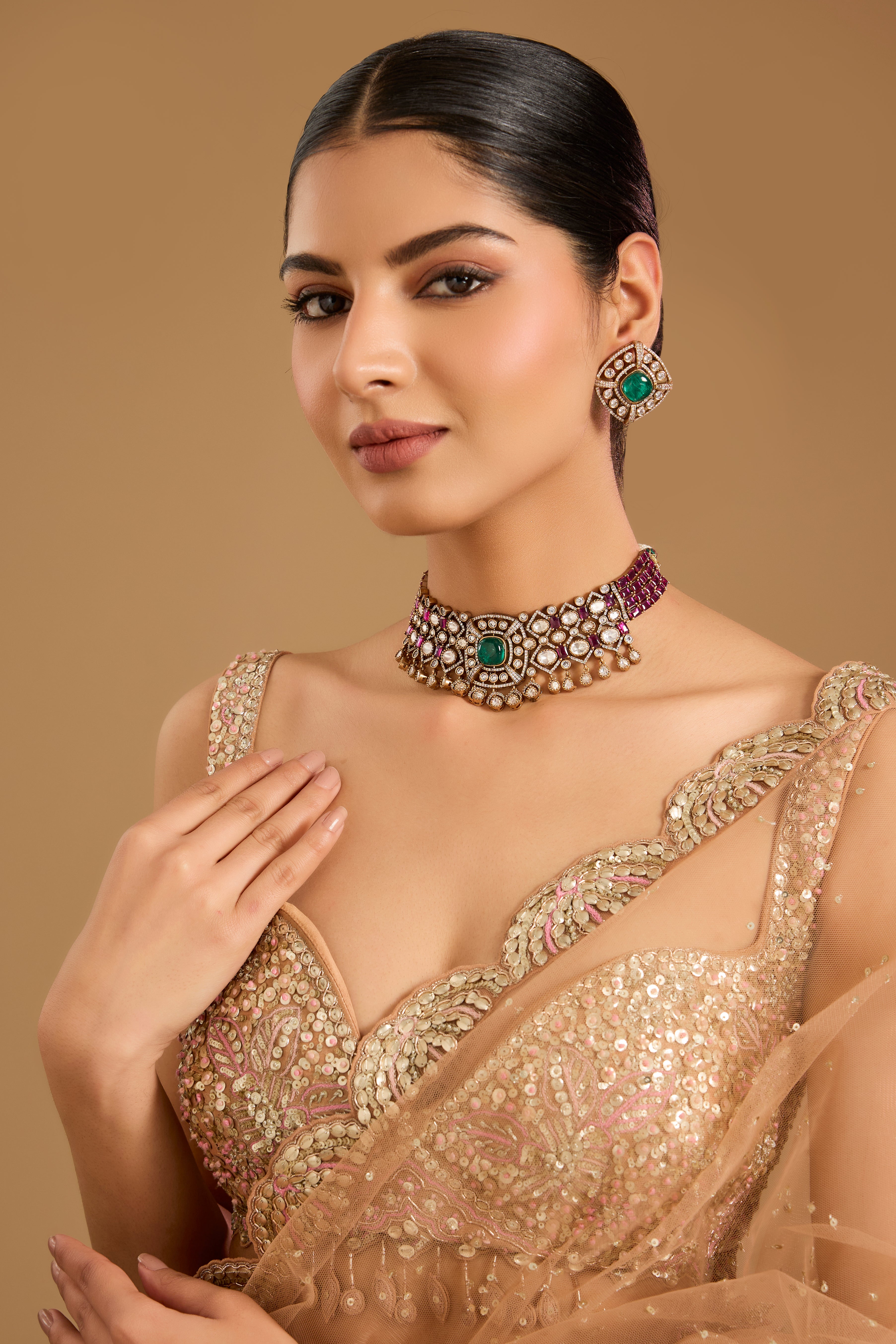 Ruby & Emerald Polki Choker Necklace Set