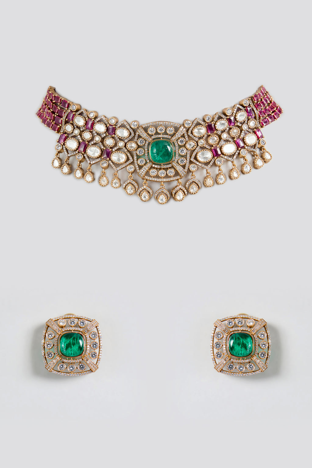Ruby & Emerald Polki Choker Necklace Set