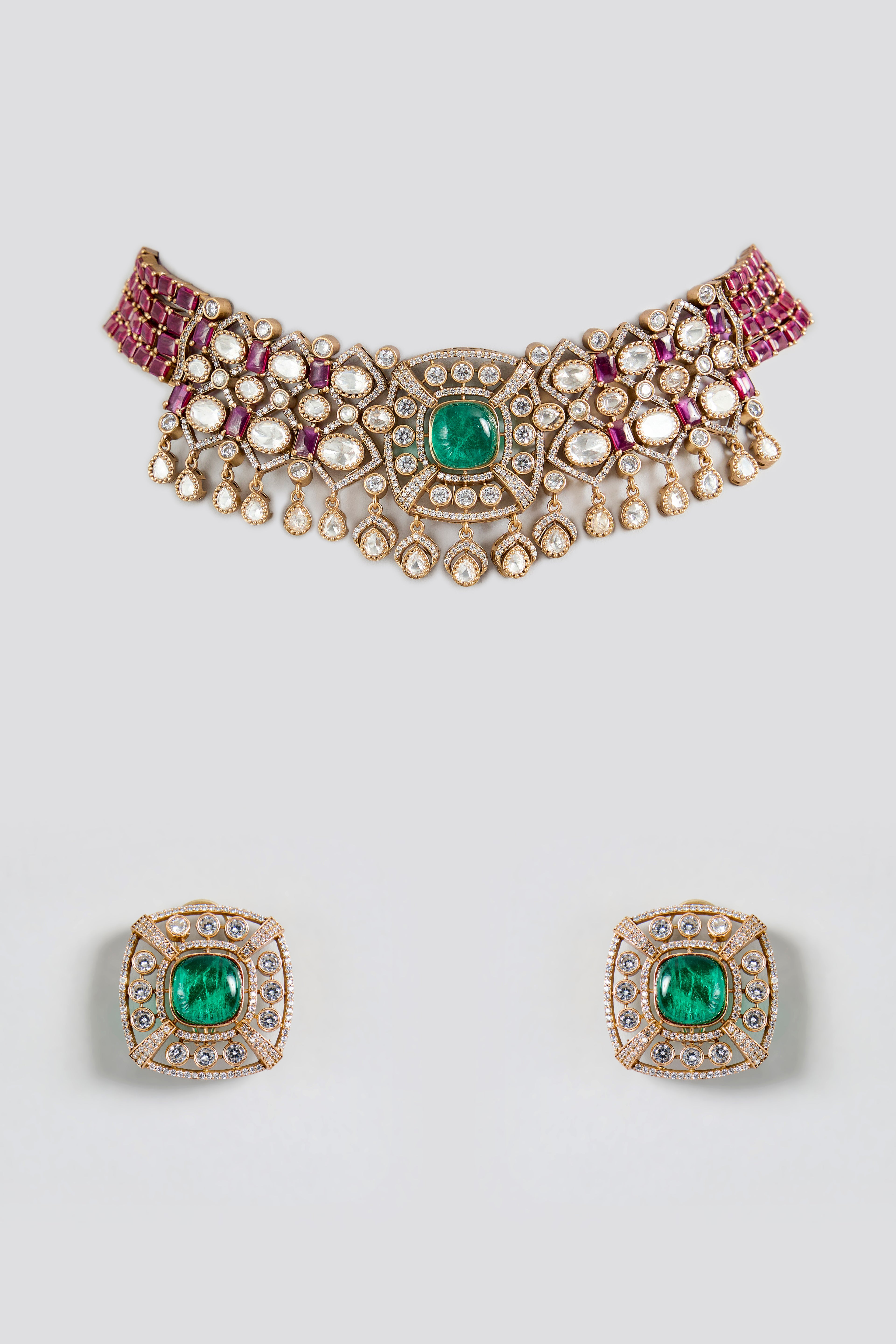 Ruby & Emerald Polki Choker Necklace Set
