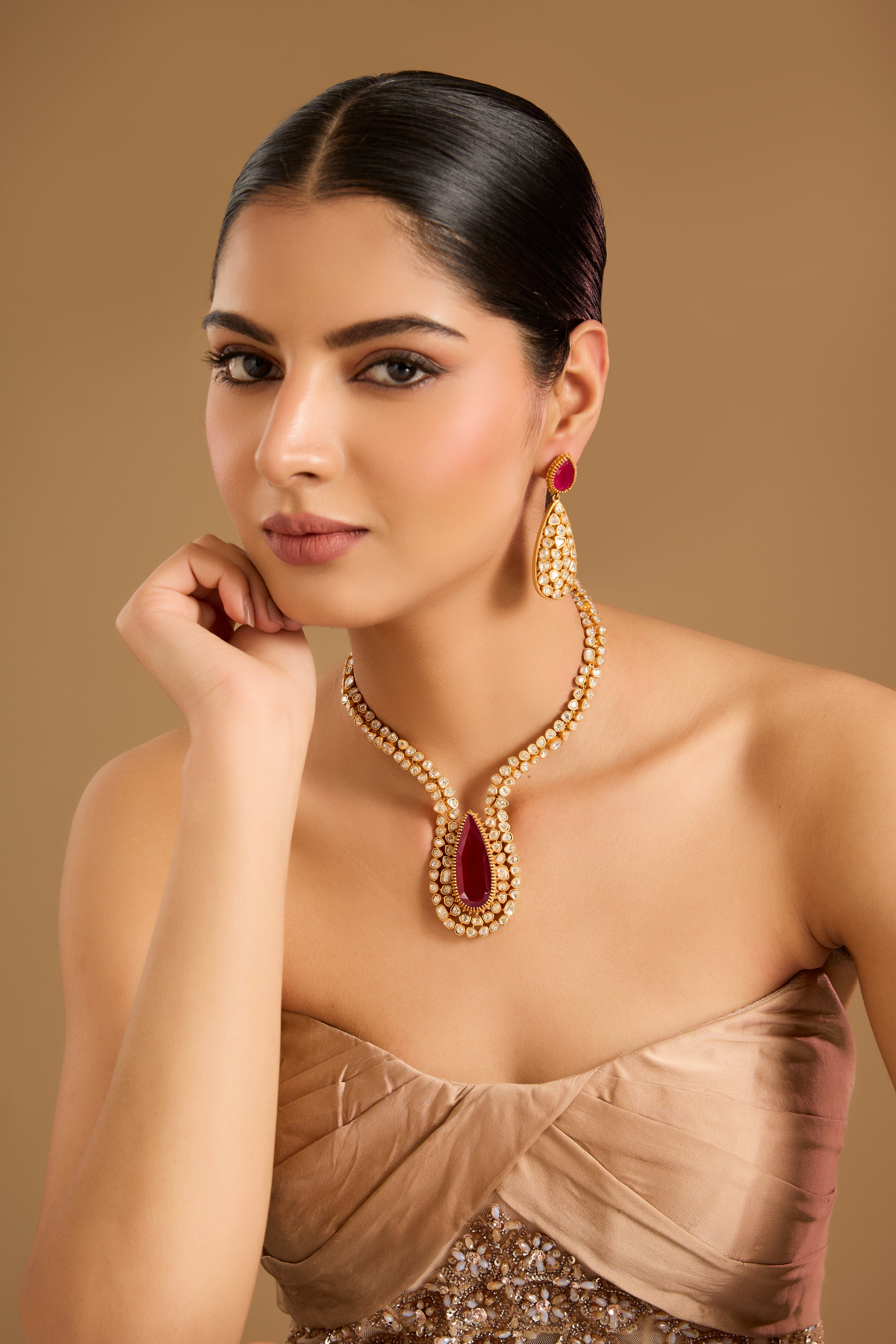 Ruby Mossanite Polki Necklace Set