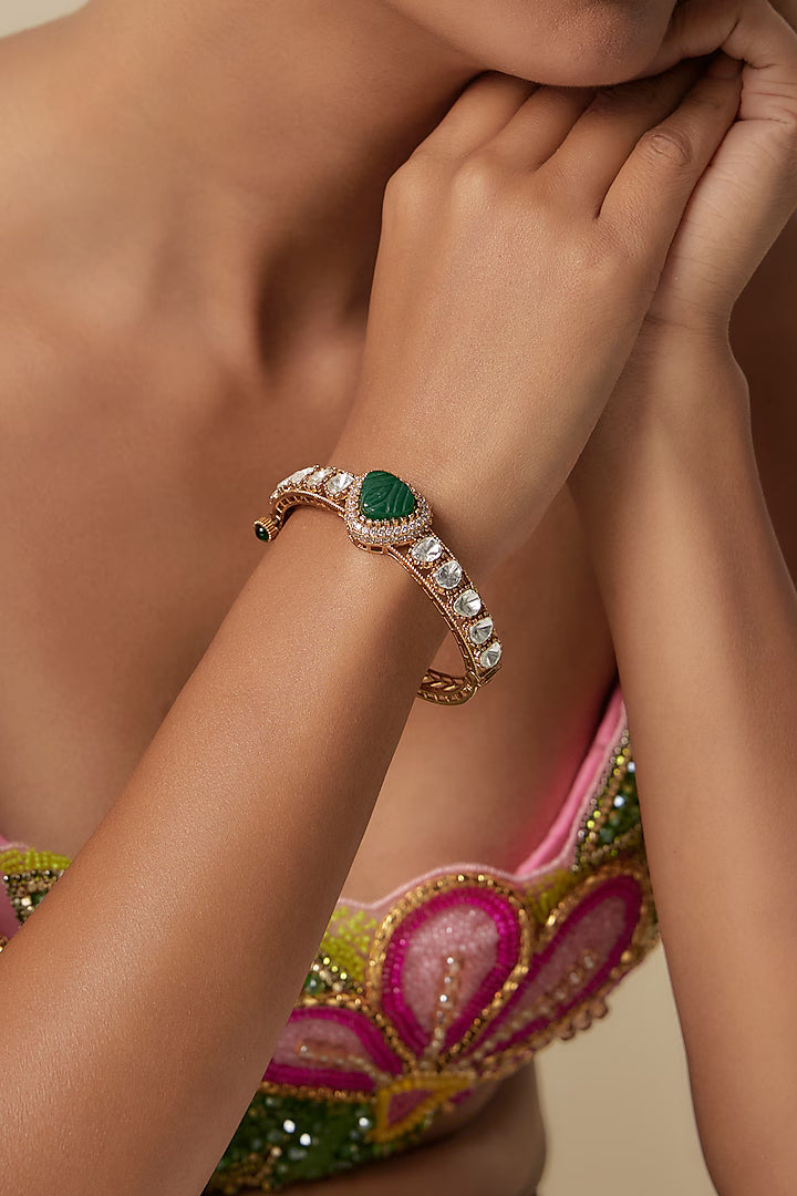 Gold Finish Uncut Polki & Green Stone Openable Bangle