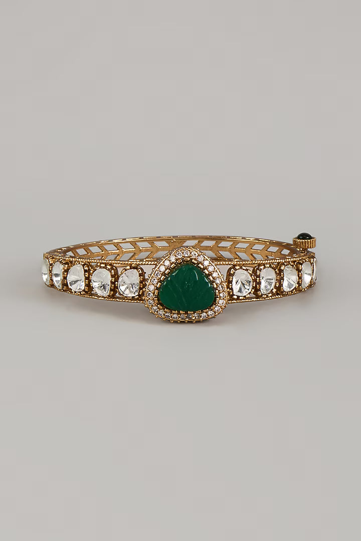 Gold Finish Uncut Polki & Green Stone Openable Bangle