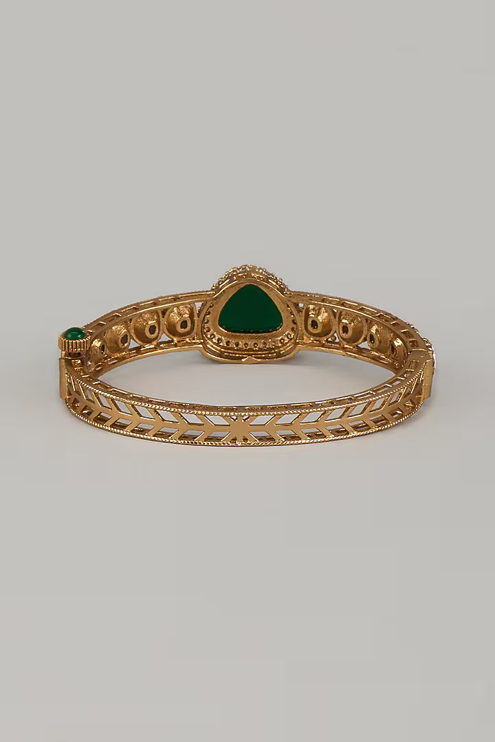 Gold Finish Uncut Polki & Green Stone Openable Bangle