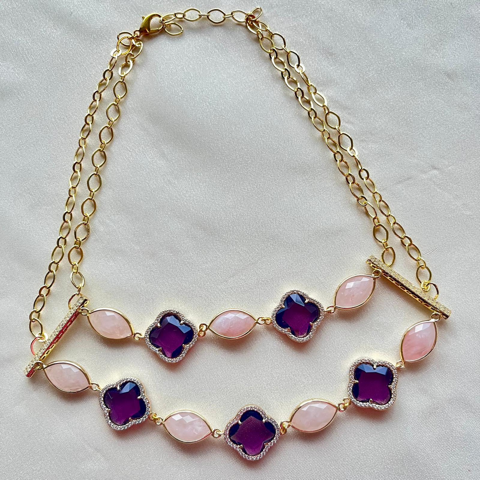 Jewel Treatzz Bling on Gold Plated Clover Flower + Smoky Roze Quartz Layered Necklace