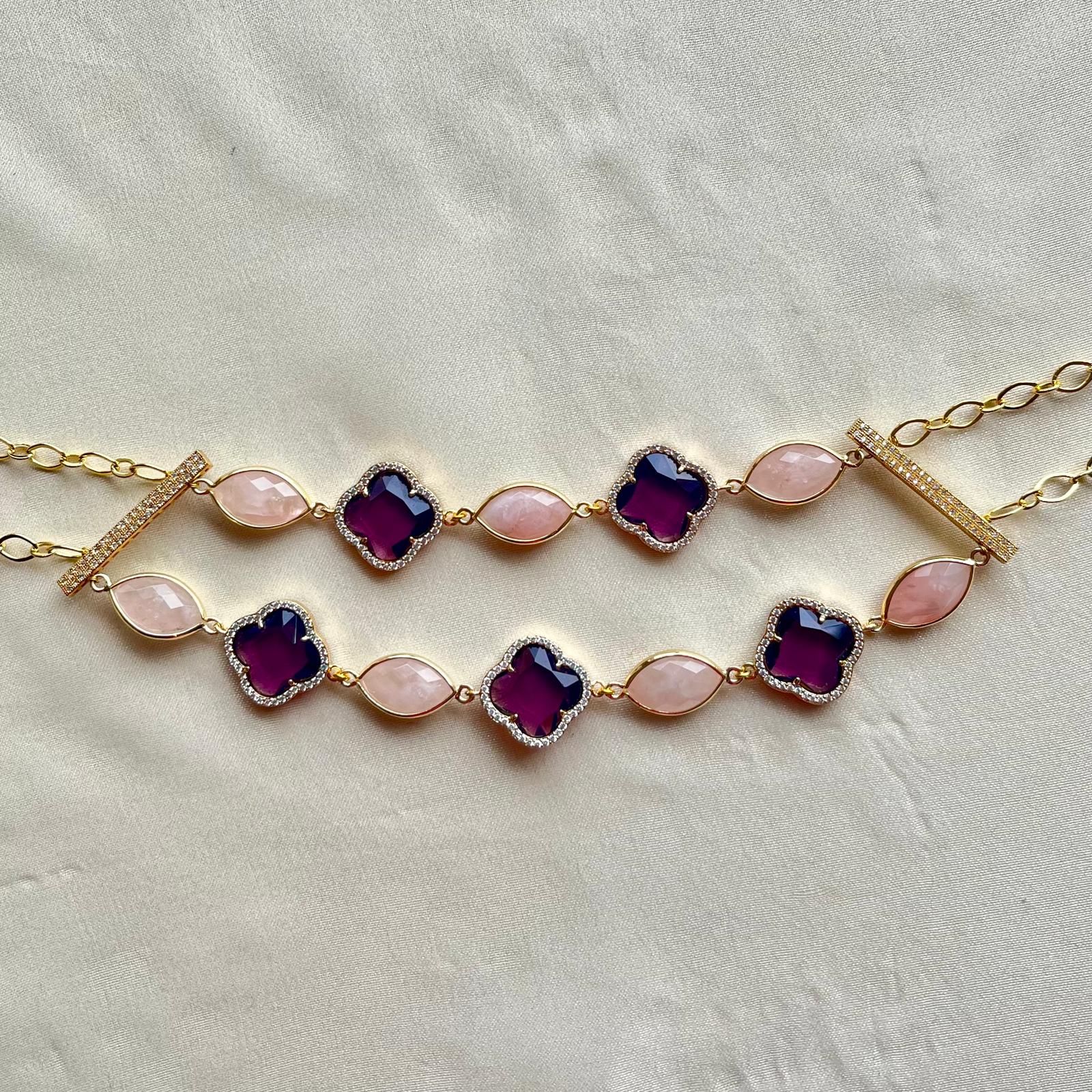 Jewel Treatzz Bling on Gold Plated Clover Flower + Smoky Roze Quartz Layered Necklace