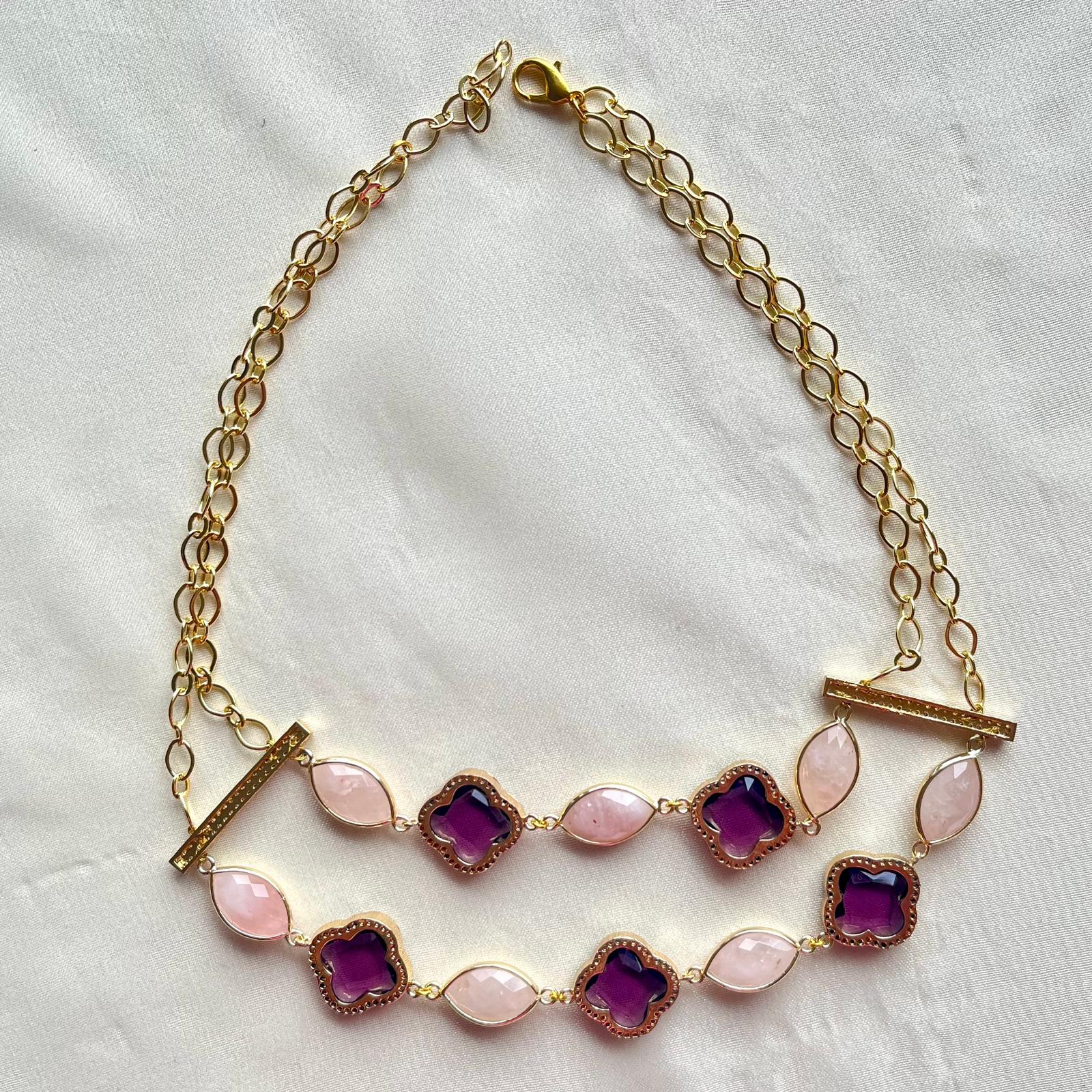Jewel Treatzz Bling on Gold Plated Clover Flower + Smoky Roze Quartz Layered Necklace