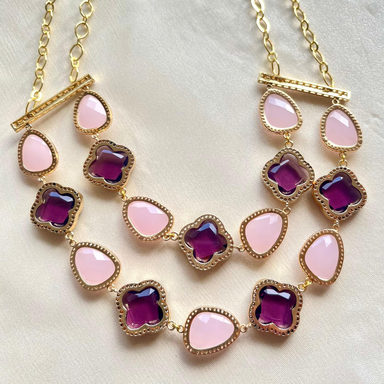 Jewel Treatzz Bling on Gold Plated Clover Flower + Smoky Roze Quartz Layered Necklace